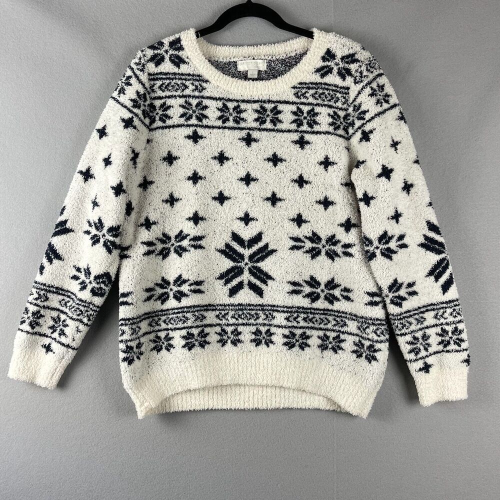 Barefoot Dreams Cozy Seaside Sweater Womens Large CozyChic Snowflake Fair Isle